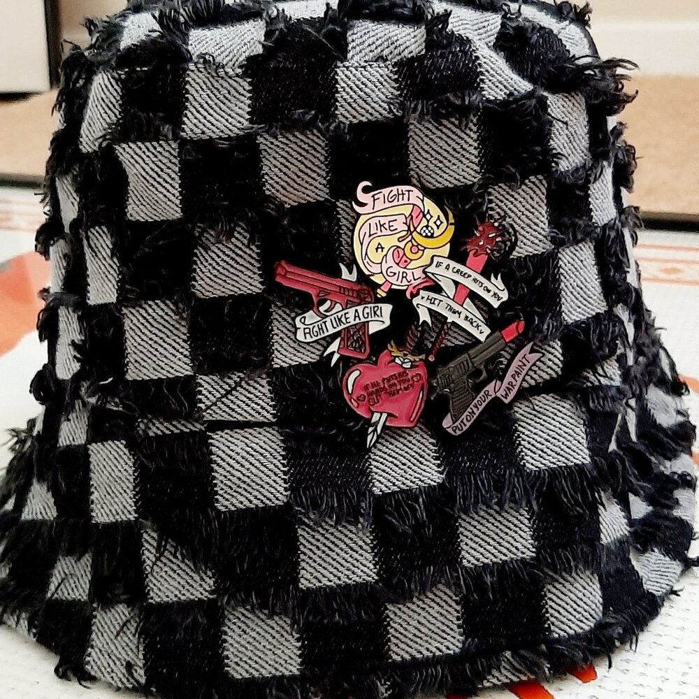 The Power Patch Bucket Hat – Distressed Denim with Fierce Empowerment Pins